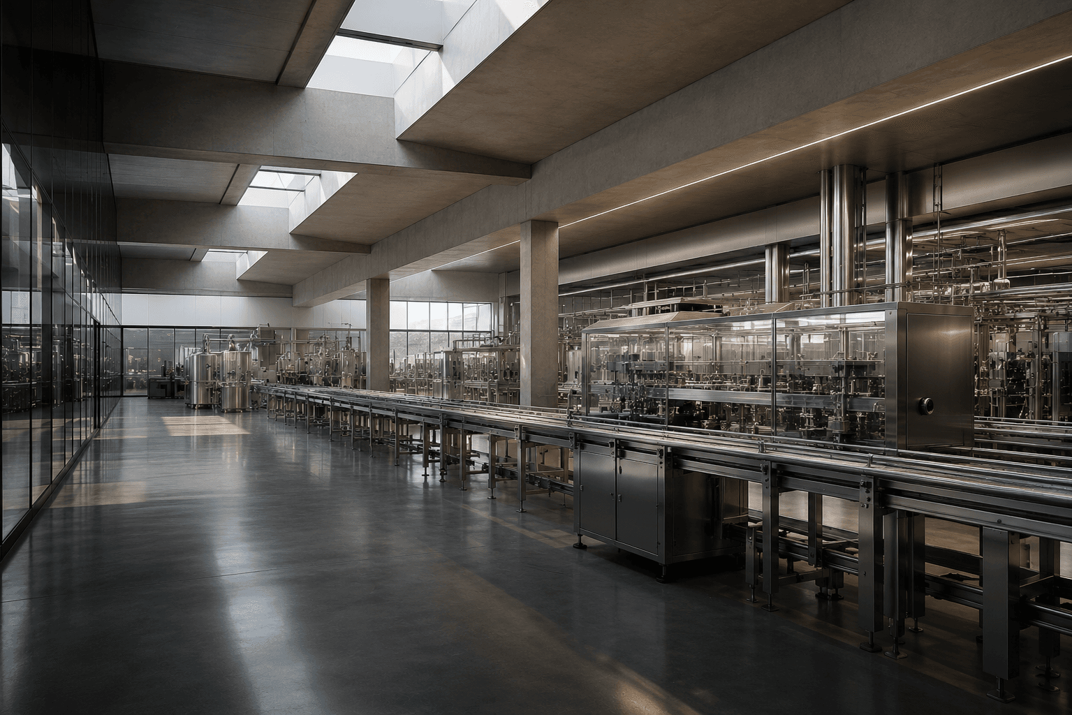 A precise modern manufacturing floor with stainless production equipment.