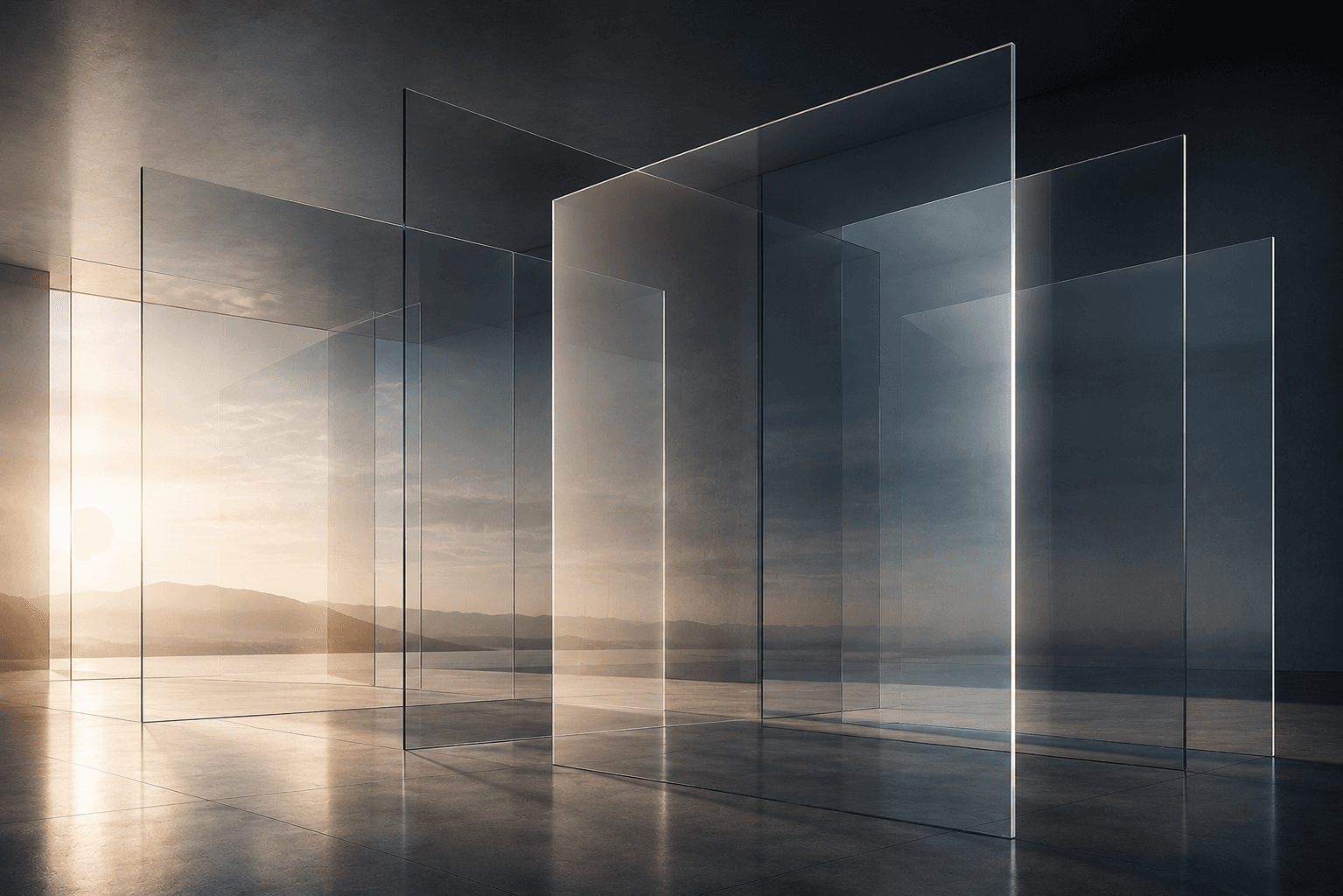 Transparent architectural glass planes arranged in warm and cool light.