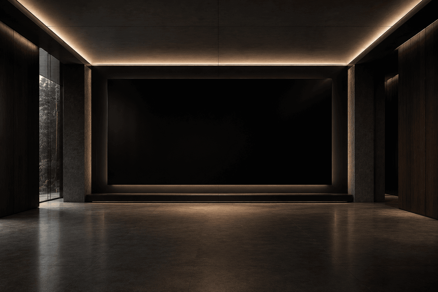 A dark architectural command room centered on an illuminated display wall.