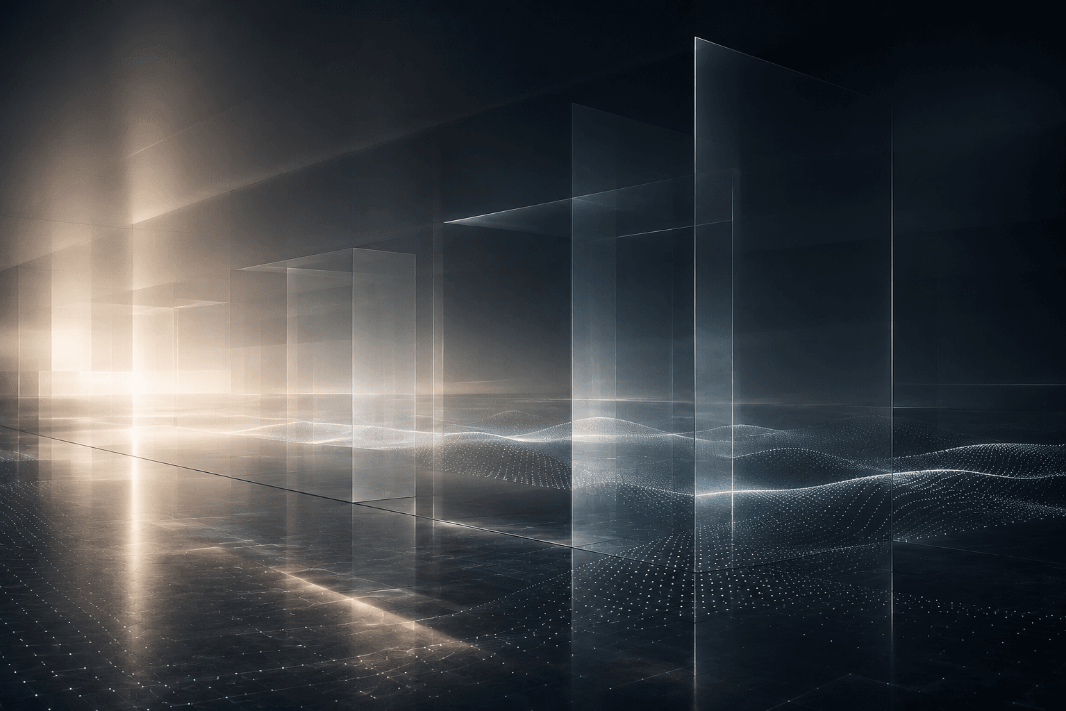 Glass structures and data-like light fields extending toward a bright horizon.
