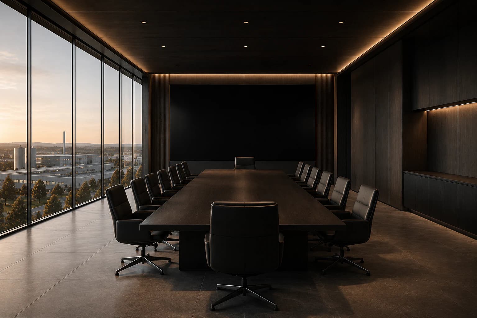 A calm executive boardroom with a long meeting table overlooking an industrial landscape