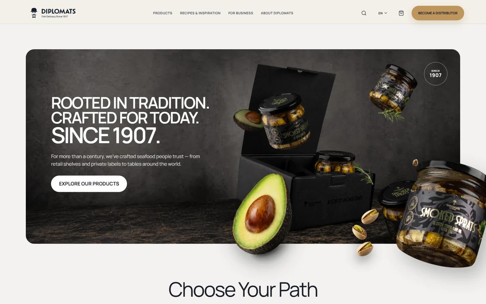 Diplomats homepage showing premium smoked sprats in a cinematic heritage-led brand experience.