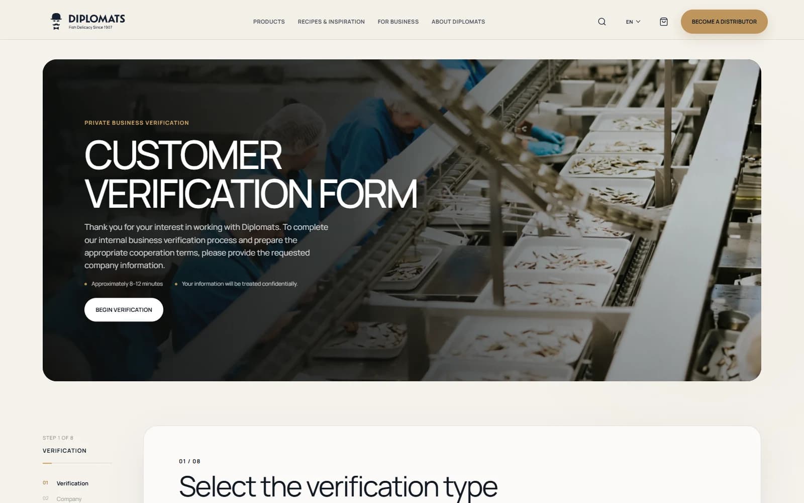 Diplomats customer verification page showing its manufacturing environment and business onboarding workflow.