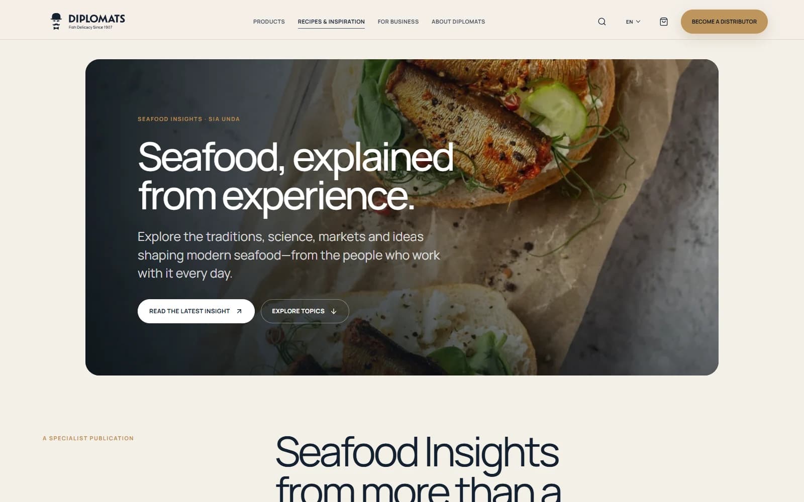 Diplomats Seafood Insights page featuring smoked fish and a structured editorial introduction.