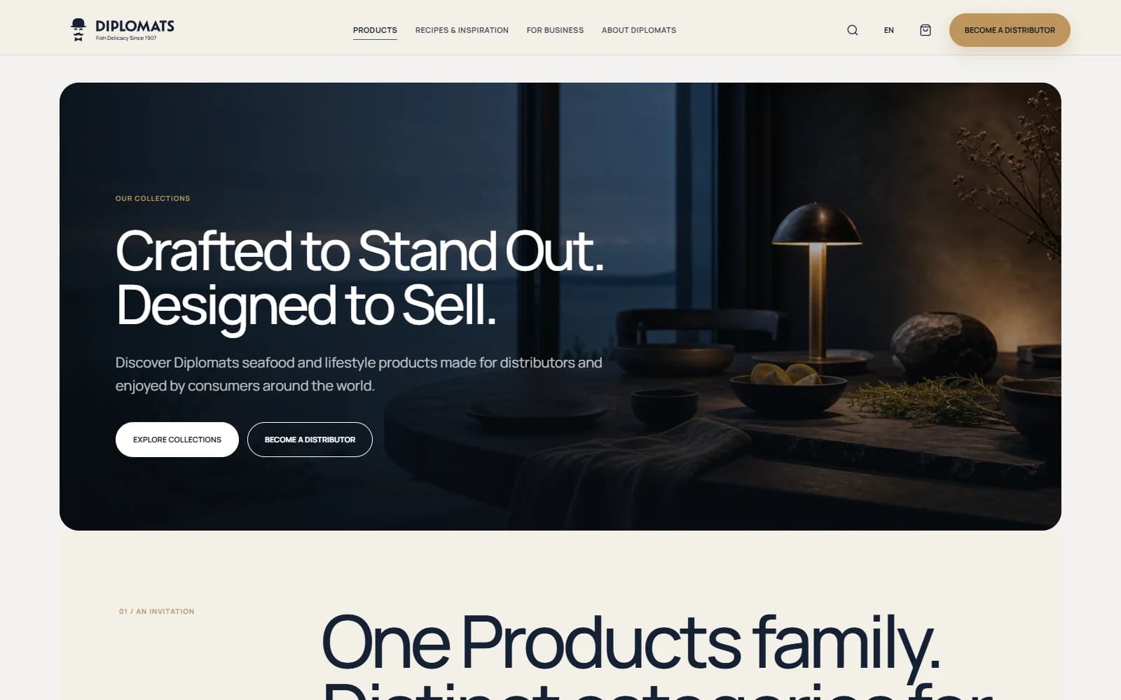 Diplomats product collection page with a refined dining scene and structured product discovery introduction.